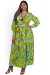 Vibrant Green African Wax Print longsleeves Maxi Dress