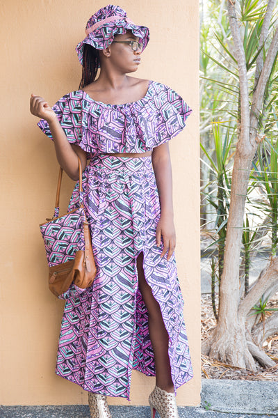 African print crop top and high low skirt